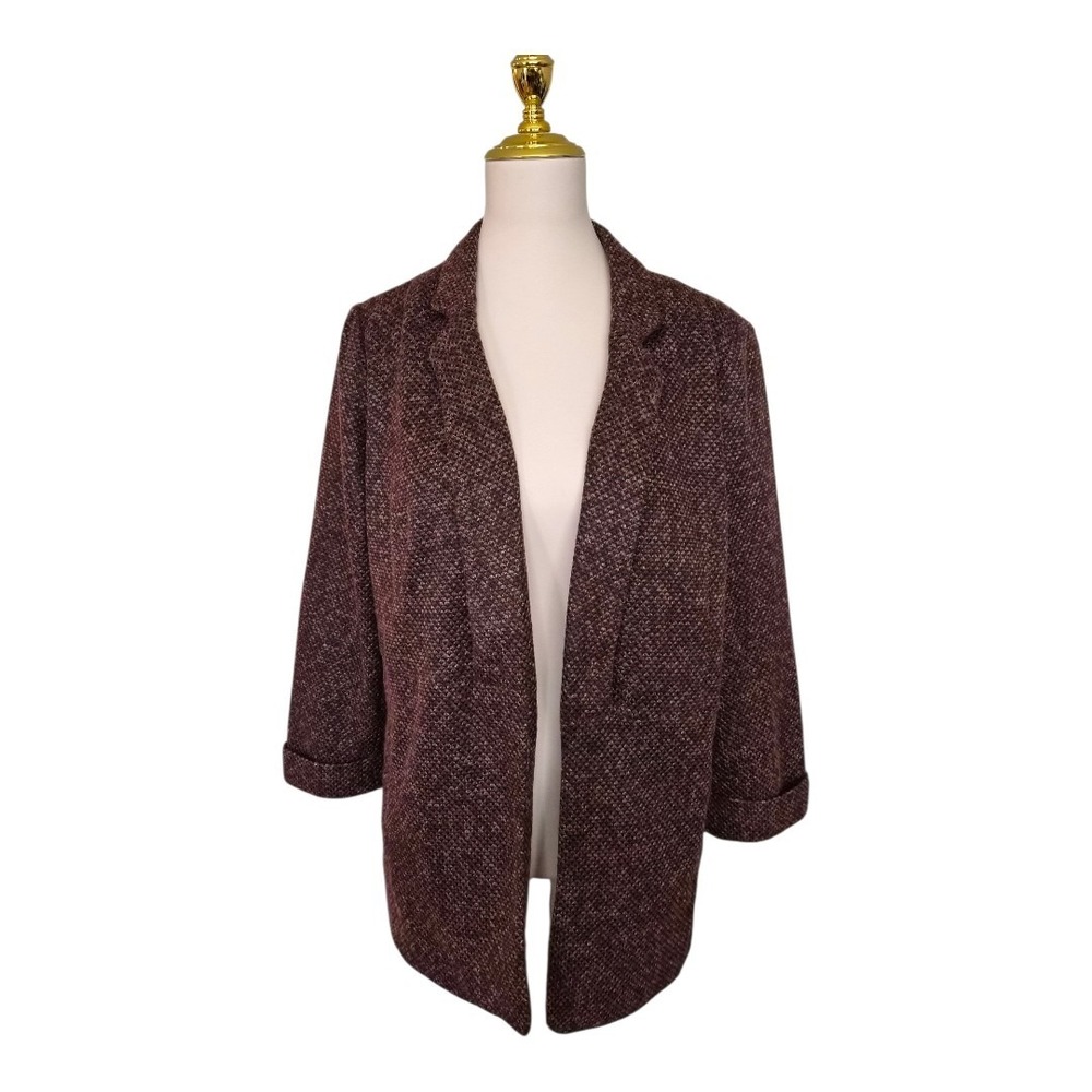 Lauren Conrad LC Open Front Tweed Blazer Jacket Maroon Purple Lined Size Large‎